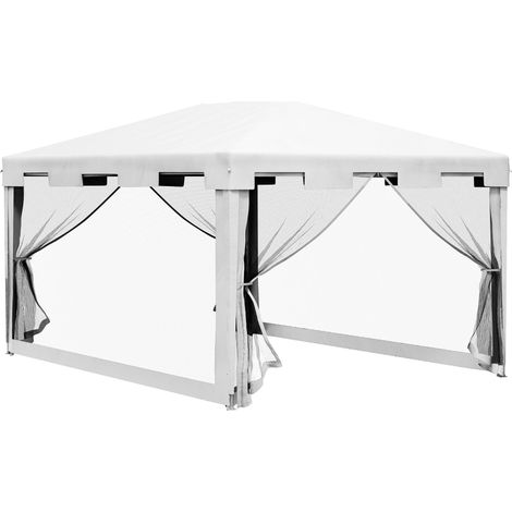 Gazebo d'extérieur 4x3m avec 4 moustiquaires latérales, 2 portes zippées et 6 trous de drainage, noir et blanc
