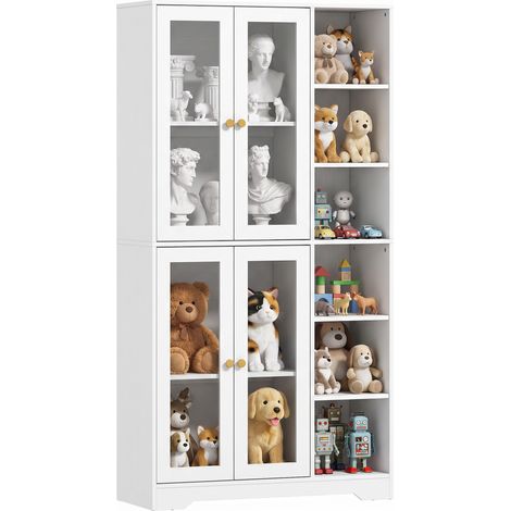 Armoire de cuisine - HOMCOM - 4 portes à fermeture douce en verre trempé et 6 compartiments ouverts - bois - 90x35x172cm - blanc (1/5)