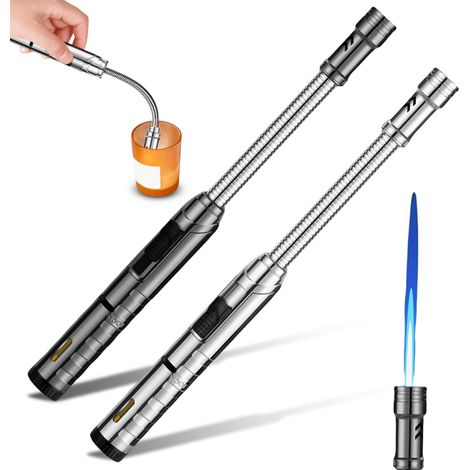 Juego de 2 encendedores de gas recargables, longitud: 25 cm, resistentes al viento 360°, ideales para velas, acampadas, barbacoas y como regalo para hombres. Gas no incluido. (1/5)