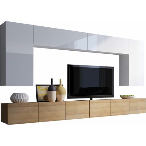 Mobilier1 – Ensemble de meubles de salon avec table TV – Chêne doré et blanc brillant – Dimensions 3000 x 430 mm – Stratifié durable (1/4)