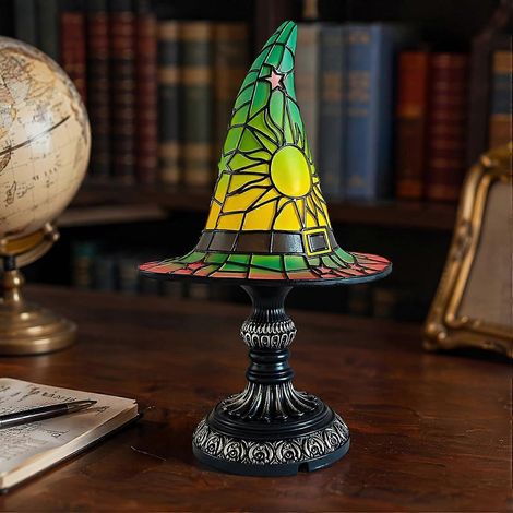 Lampe chapeau de sorcière vitrail lampe d'appoint gothique résine Halloween Veilleuse USB décor vintage vert (1/5)