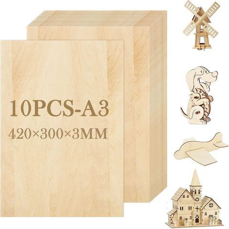 Lot de 10 Feuilles de Contreplaque A3 Plaque de Bois Naturel, 420 × 300 × 3 mm Feuilles de Bois, Minces de Bois Pour Bricolage Artisanate en Bois Modèles et Peintures (1/5)