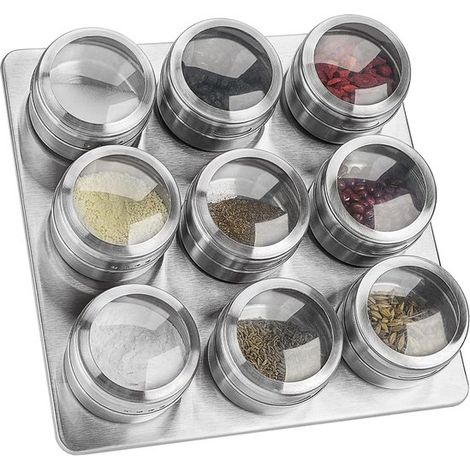 Barattoli per spezie quadrati, barattoli per spezie magnetici, 9 pezzi, barattoli per spezie in acciaio inox con finestra di visualizzazione, magnete potente per frigorifero, M (1/5)