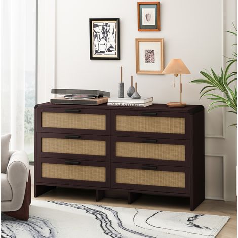 Cómoda de 6 cajones de ratán, cómoda 130 cm, esquina curva, para dormitorio, salón, marrón rojizo (1/5)