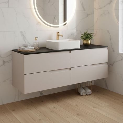 Meuble de salle de bain suspendu 160 cm, beige et noir, plan de toilette, 4 tiroirs, façades en MDF, sans vasque – MODERN (1/5)