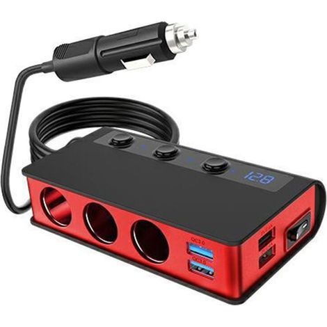 Allume-cigare de voiture un à trois avec interrupteur 4usb 180W, chargeur de voiture à charge rapide qc3.0 haute puissance, rouge TONCHEAN (1/5)
