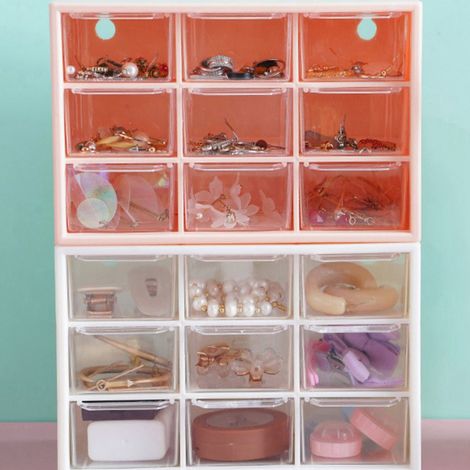 Rosa Aufbewahrungsbox mit neun Fächern, staubdicht, im Schubladenstil, für Schulbedarf, Schmuck und Kosmetik, ideal für einen Schüler. (1/5)
