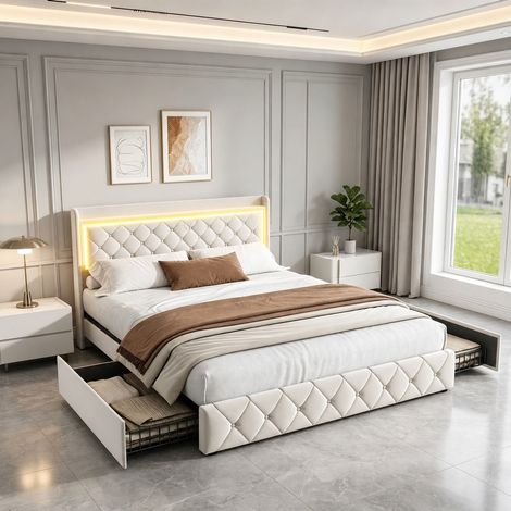 Cama tapizada de 140x200cm – Terciopelo – Cama con cajones – Iluminación LED regulable – Puertos USB y Tipo-C