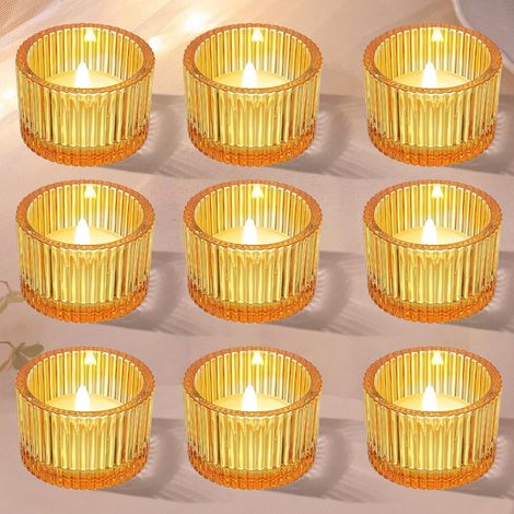 Bougeoirs Verre Jaune Orange, 5,2 cm × 3,5 cm Porte Bougie Support Stable, Surface Nervurée, Résistance Thermique, Ambiance Chaleureuse, Mariage, Anniversaire, Noël (1/5)