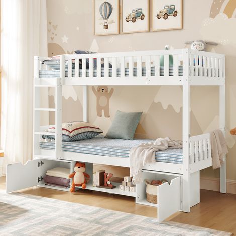 Litera infantil 90x200 cm, convertible en 2 camas individuales, con barandilla de seguridad, cajones, madera maciza de pino, blanco (1/5)
