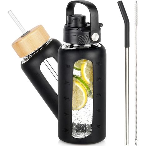 Gourde 800 ml avec Marquage Temporel - Bouteille en Verre avec Housse Silicone et Couvercle Bambou - Motivation Sport (1/5)