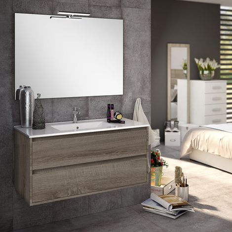 Meuble de salle de bain 80cm simple vasque - 2 tiroirs - Britannia (chêne foncé) - IRIS (1/5)
