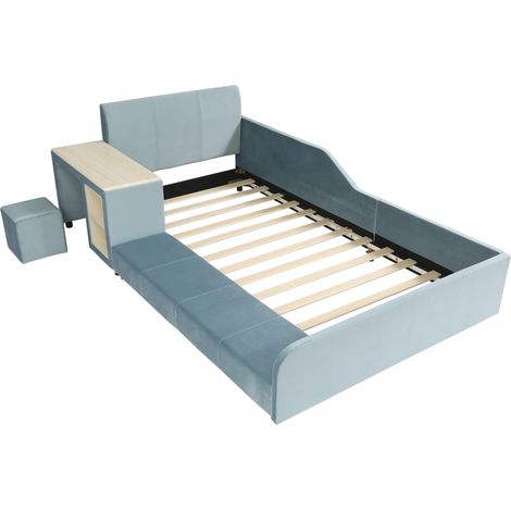 Cama infantil 90x200 cm de terciopelo azul con escritorio lateral y taburete (1/5)