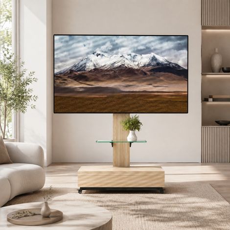 Carro TV 80/40 cm en acabado madera natural con ruedas, balda de vidrio y soporte inclinable