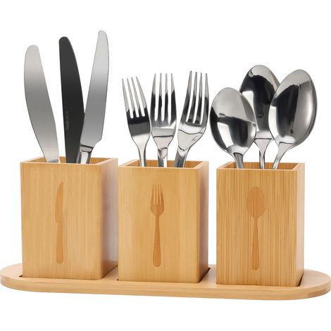 Porte-ustensiles de Cuisine, 3 Compartiments Porte-Couverts Support de Couverts avec Plateau Porte-Couverts de Table avec Trou de Drainage pour Trier Baguettes, CuillèRes et Fourchettes (Bois) (1/5)