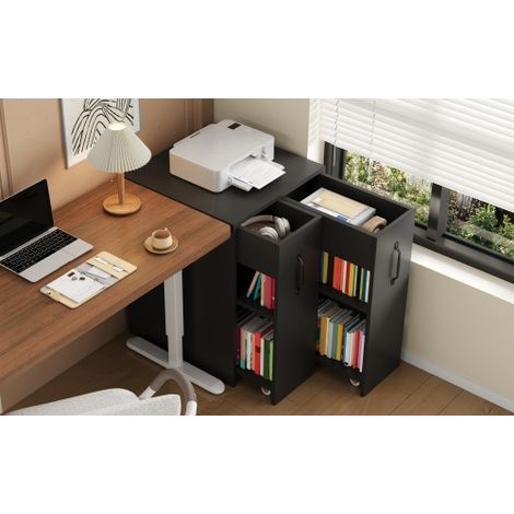 Bibliothèque sur roulettes – Meuble d'appoint mobile avec tiroir latéral coulissant, grandes roulettes, protection des bords et configuration réversible (gauche/droite) – Meuble de rangement pour bure