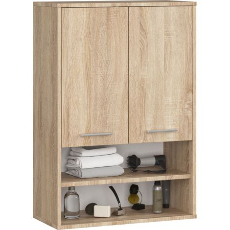 Akord – Armoire salle de bains suspendue – 2 portes – 4 étagères – Chêne Sonoma – Dimensions 64x30x94 cm – Meuble de rangement moderne (1/5)