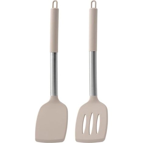 Juego de dos utensilios de cocina con mango de acero inoxidable y revestimiento de silicona, que incluye una espátula de cocina (beige). (1/4)