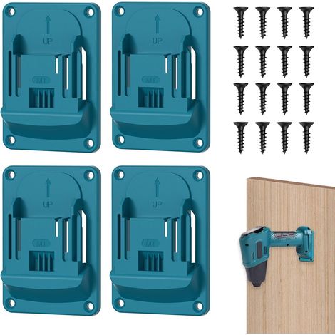 4-Piece Wall-Mounted Tool Holder for 18V Drills, 11.4 x 8.1 cm, Includes 16 Screws, Battery Holder with Screws, Wall Mount for Drills, Wall-Mounted Drill Brackets for Workshop and Garage
