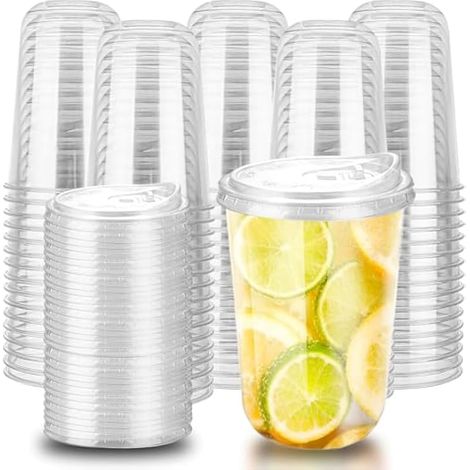 50 gobelets en plastique transparent avec couvercles, 480 ml, verre à café réutilisable, élégant verre à boire pour fêtes, smoothie, milkshake, boissons froides, traiteur (1/5)