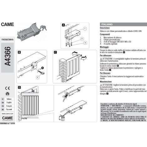 CAME 801XA-0030 Déverrouillage moteur Frog Cash avec clé personnalisée
