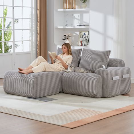 Canapé modulaire en velours côtelé 2 places avec poufs, entièrement modulable, avec porte-gobelet et poche de rangement latérale, idéal pour le salon, la salle familiale et d’autres pièces - gris clai