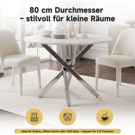Table de salle à manger ronde, 80 x 80 x 75 cm, plateau effet marbre, style moderne, pieds en acier galvanisé argenté, table basse/table d'appoint, style minimaliste moderne, blanc et argent (1/5)