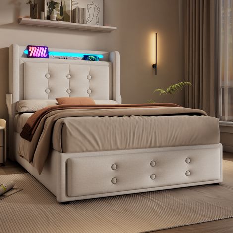 Lit coffre 90x200cm en tissu lin - avec LED et Ports de recharge - Beige (1/5)
