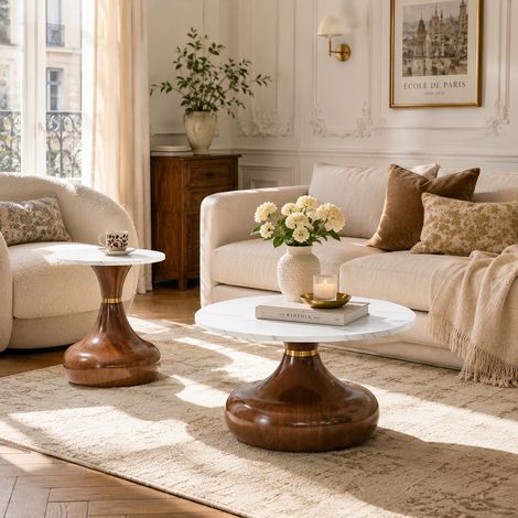 Ensemble de 2 tables basses rondes avec plateaux en mélamine effet marbre et pieds en forme de sablier finition noyer, design moderne et luxueux, polyvalent pour les salons, les chambres et les bureau (1/4)