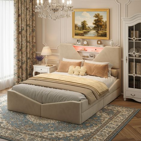 Lit coffre 140x190 cm, lit rembourré hydraulique avec 4 tiroirs, cadre de lit en métal, étagère de rangement triangulaire et tête de lit LED, beige (1/5)