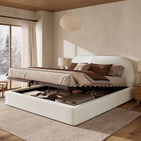 Letto contenitore 160x200 cm con vano contenitore sotto il letto e testiera, in tessuto, beige, senza materasso (1/5)
