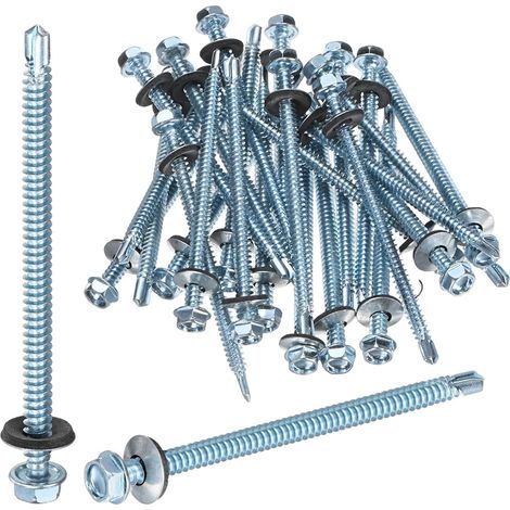 25-Pack Vis Autoforeuses Avec Joint En Caoutchouc M6.3 x 100mm En Acier Carbone Zingué À Tête Hexagonale Pour Toiture Métallique/Panneaux De Bardage/Structures En Acier (1/5)