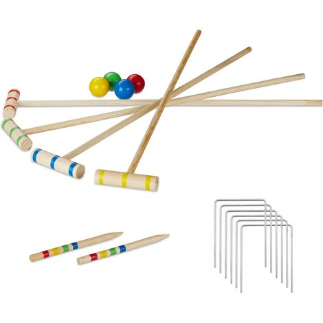 Relaxdays Jeu de croquet, 4 joueurs, enfants & adultes, set complet avec sac, lot bois, maillets 75 cm, nature (1/5)