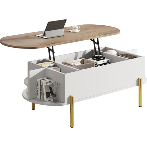 Table basse 120 x 50 x 43 cm avec plateau relevable, 7 compartiments de rangement, table de salon multifonction,Bois + Blanc (1/5)