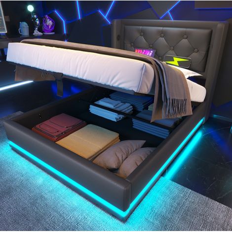 lit adulte coffre rangement USB LED 90x200 PU noir OKMYHOME (1/5)