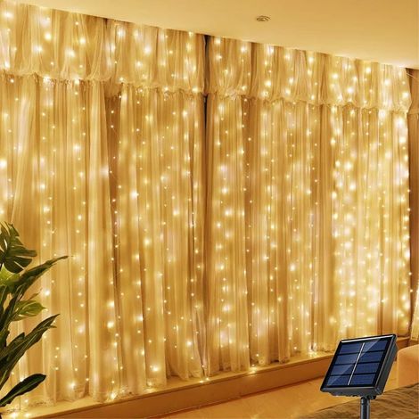Guirlande lumineuse solaire LED (3 m x 3 m, 300 LED - Lumière chaude) - Rideau lumineux d'extérieur - Guirlande lumineuse féérique solaire en fil de cuivre - Compatible avec jardin, cour, mariage, fêt (1/5)