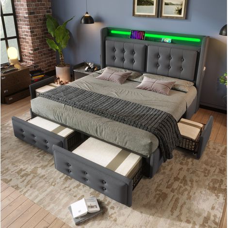 Letto con contenitore in tessuto cotone-lino grigio 160x200 cm con LED, USB-C e 4 cassetti, rete inclusa (1/5)