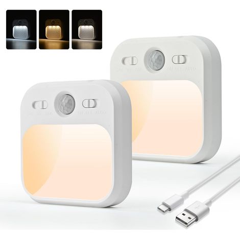 AmmToo Veilleuse avec Détecteur de Mouvement, 3 Couleurs & Gradation Continue, Rechargeable USB, 3 Modes d'Éclairage (ON/AUTO/OFF), Idéale pour Chambre Enfant, Couloir, Escalier, Cave (1/5)