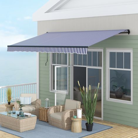 Tenda da sole per patio, con manovella, resistente alle intemperie, 400 cm x 300 cm, blu + bianco