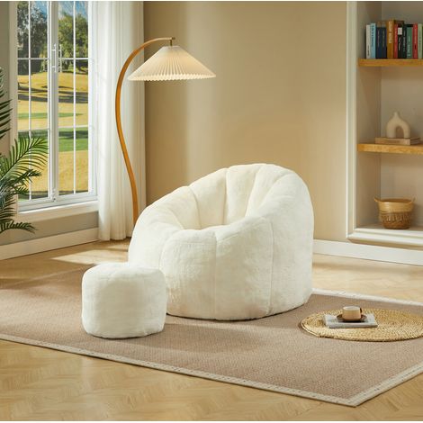 Sitzsack-Sessel mit Fußhocker, 105 x 105 x 70 cm, Kaninchenfell-Optik, Cremeweiß HAVRYA (1/5)