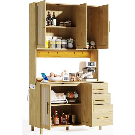 Aparador de Cocina con 3 Cajones, 3 Puertas, 2 Estantes Ajustables, LED y Enchufes, para Cocina, MDF, Natural (1/5)