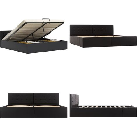 Cama canapé hidráulica cuero sintético negro 180x200 cm - Cama con almacenamiento - Cama de cuero sintético