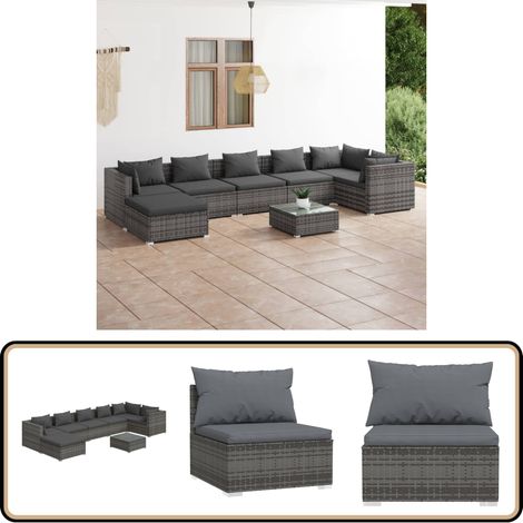 Salon de jardin 8 pcs avec coussins Résine tressée Gris - Salon De Jardin - Meuble De Jardin - Ensemble De Meubles De Jardin - Mobilier De Jardin - Résine Tressée
