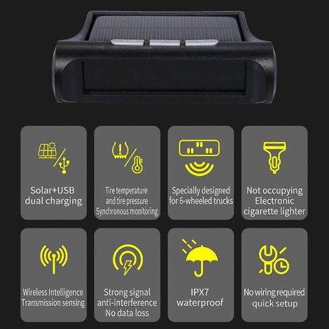 Système de surveillance de la pression des pneus, système de surveillance de la pression des pneus solaire sans fil avec 6 capteurs externes, sécurité (1/4)