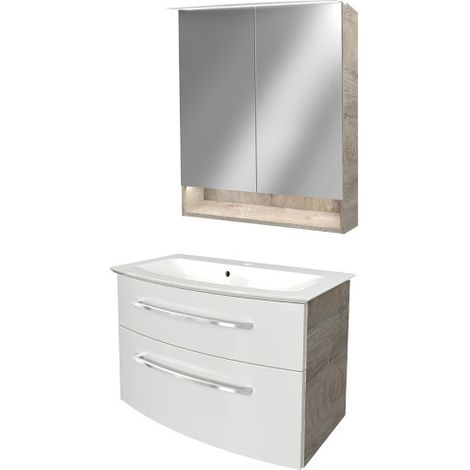 Fackelmann B.STYLE Badmöbel Set – Waschbecken mit Unterschrank und LED-Spiegelschrank in Weiß mit Holz braun – Waschbeckenunterschrank 80 cm hängend breit – Badezimmermöbel in Eiche Natur Holzoptik"-" (1/5)