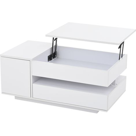 ELVMI Table basse relevable avec 1 tiroir, 1 placard, rangement caché et LED pour salon en panneaux de particules blanc (1/4)