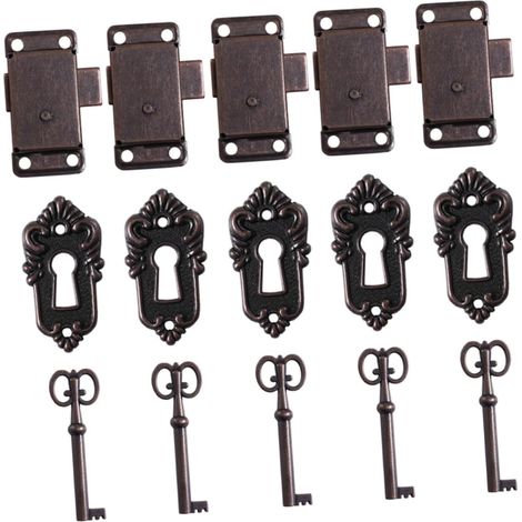 Lot de 5 serrures et loquets anciens pour meubles, finition rouge (1/5)