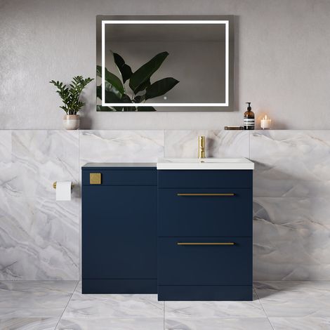 Napoli 390 Deep Blue 1100mm 2 Drawer Vanity Unit Toilet Suite with Glide Basin - 1100mm - Brushed Brass 320mm HandleWithout Kingston Toilet Pan