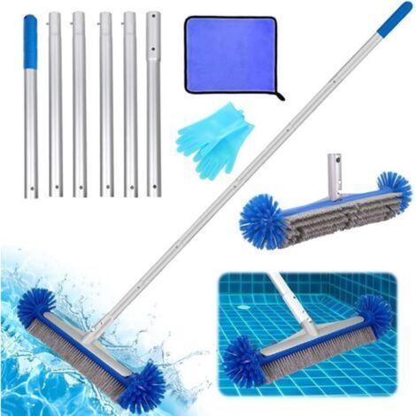 Hochleistungs-Poolreinigungsbürste, 43 cm, verstellbarer Aluminiumstiel, runde Enden (blau)