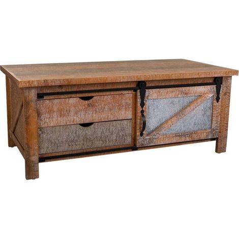 table basse bois et métal style industriel coloré avec tiroirs - bois vieilli naturel et métal argenté (1/5)